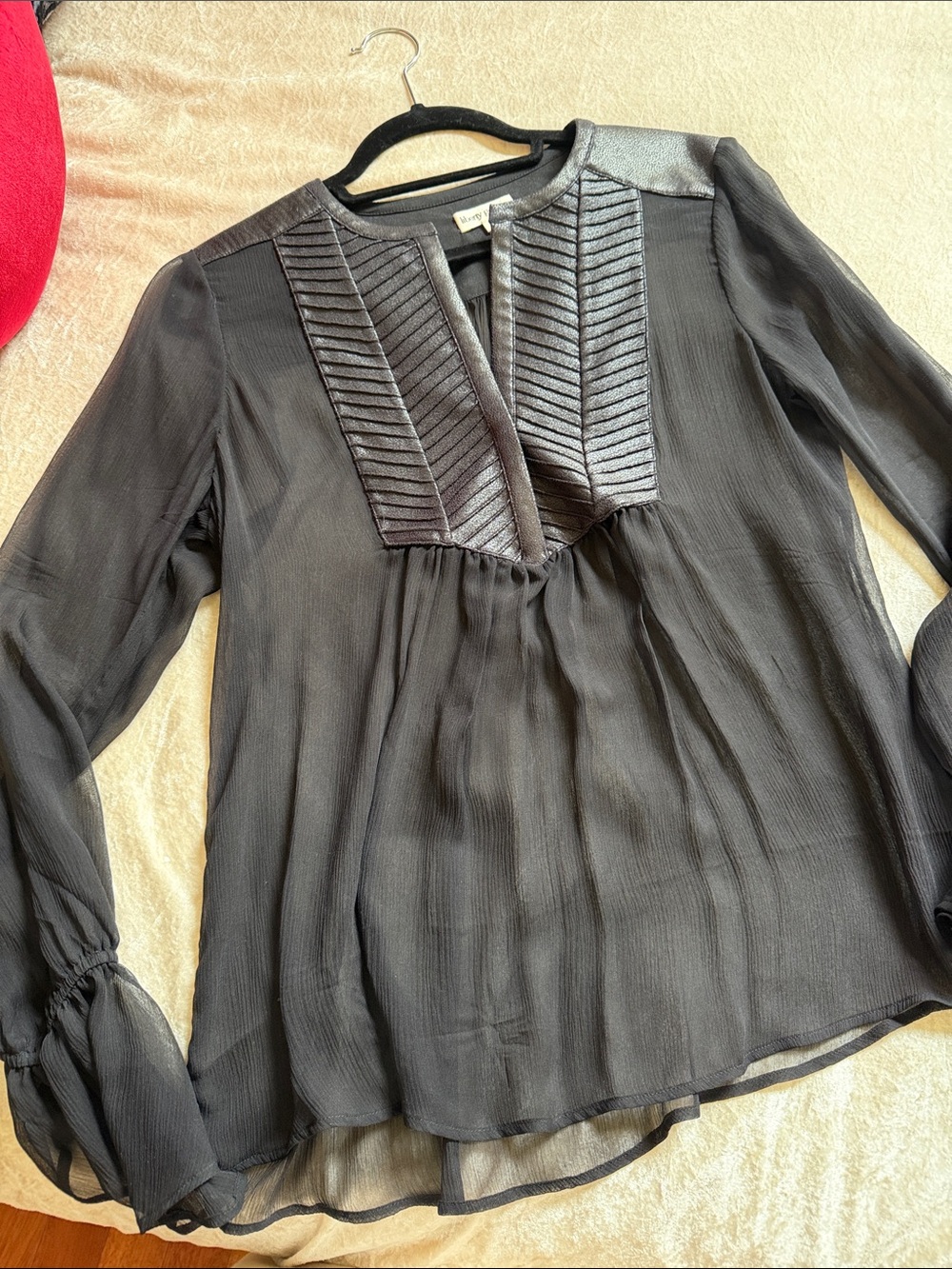 Sheer Black Pintuck-Trim V-Neck Blouse